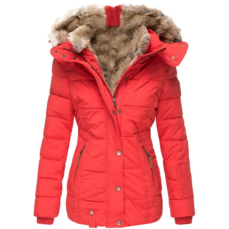 Women's quilted jacket with faux fur trim in red