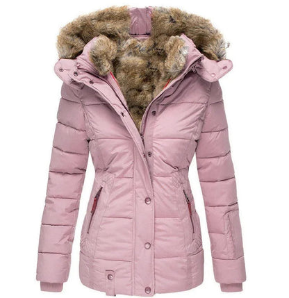 Women's quilted jacket with faux fur trim in pink