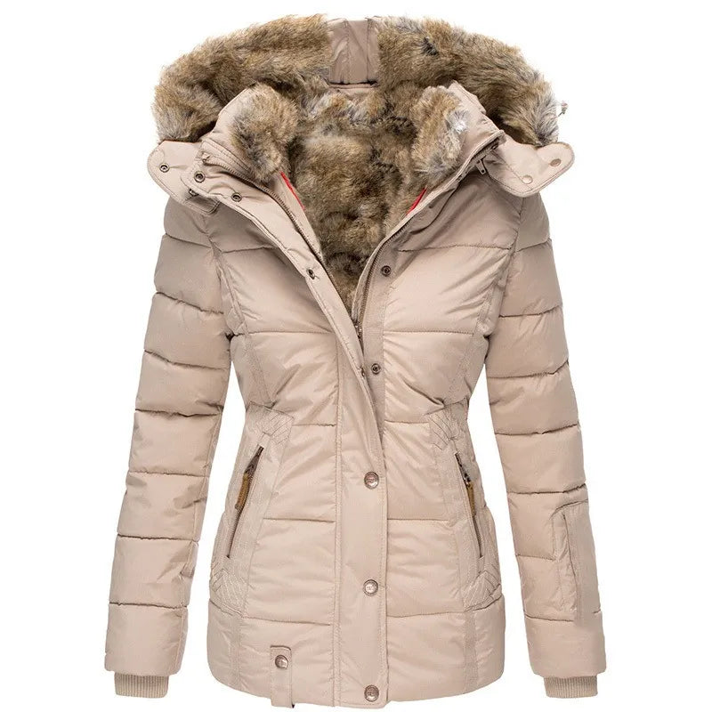 Women's quilted jacket with faux fur trim in beige