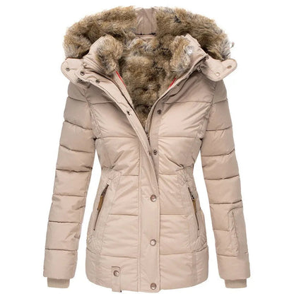 Women's quilted jacket with faux fur trim in beige
