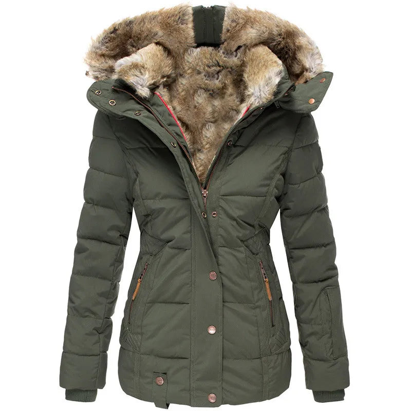Women's quilted jacket with faux fur trim in green