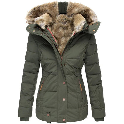 Women's quilted jacket with faux fur trim in green