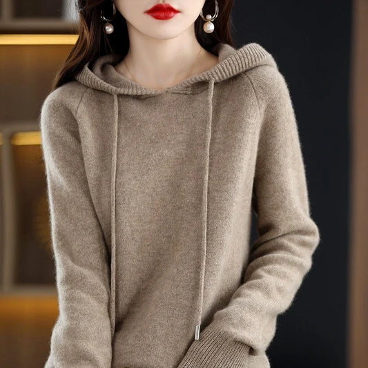 Women's taupe knit hooded sweater with drawstring