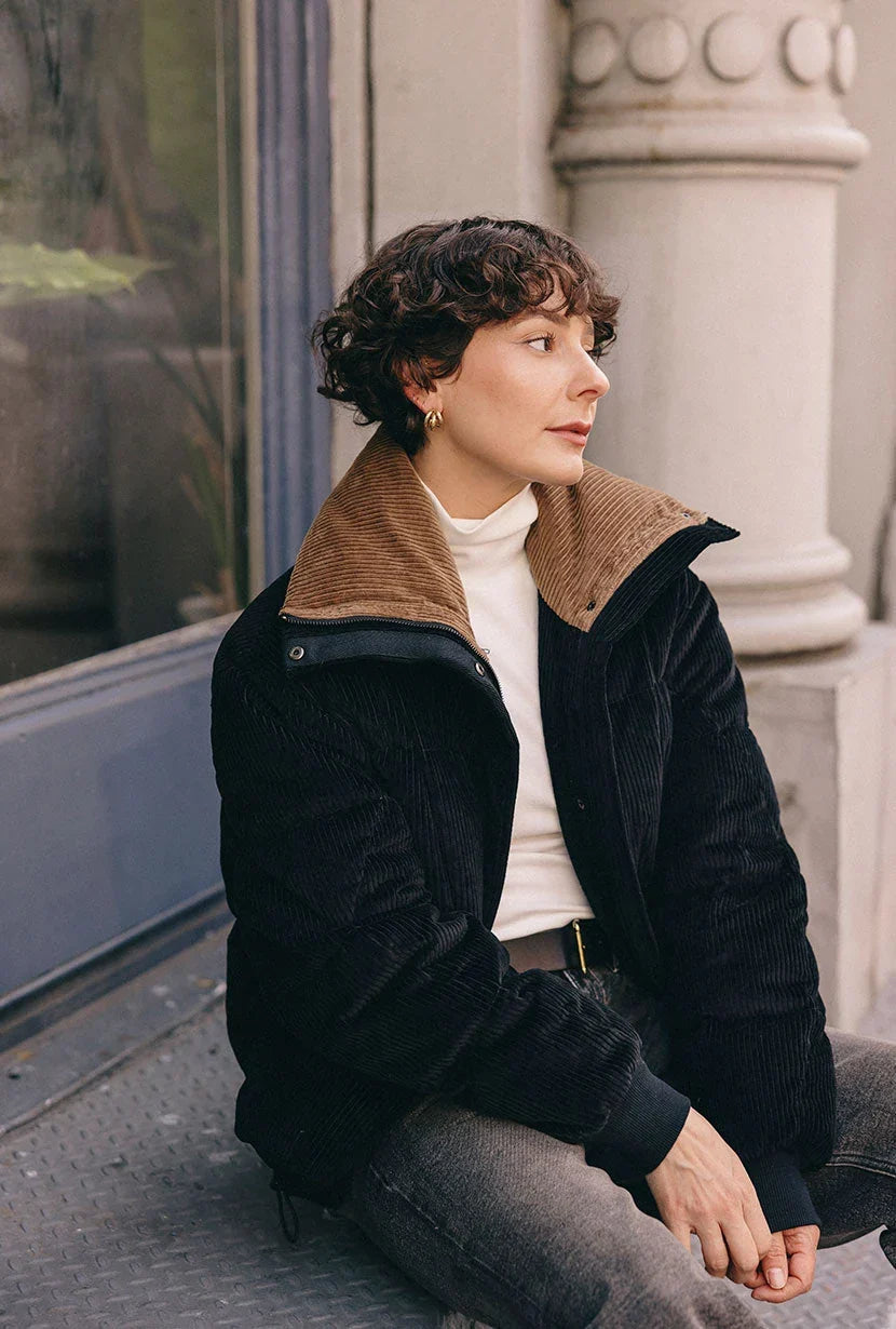 Women's black corduroy down puffer jacket with contrast collar