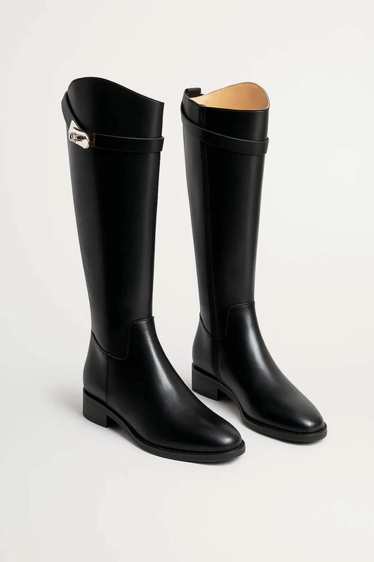 Women's black knee-high boots with buckle detail