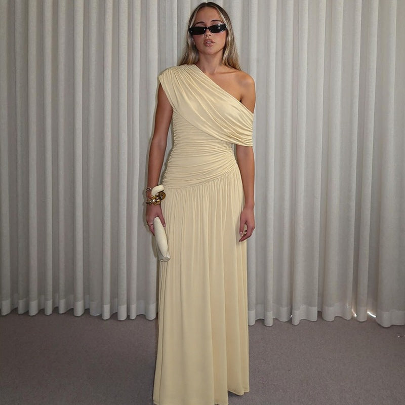 Yellow One-Shoulder Ruched Knit Maxi Dress with Pleated Drape