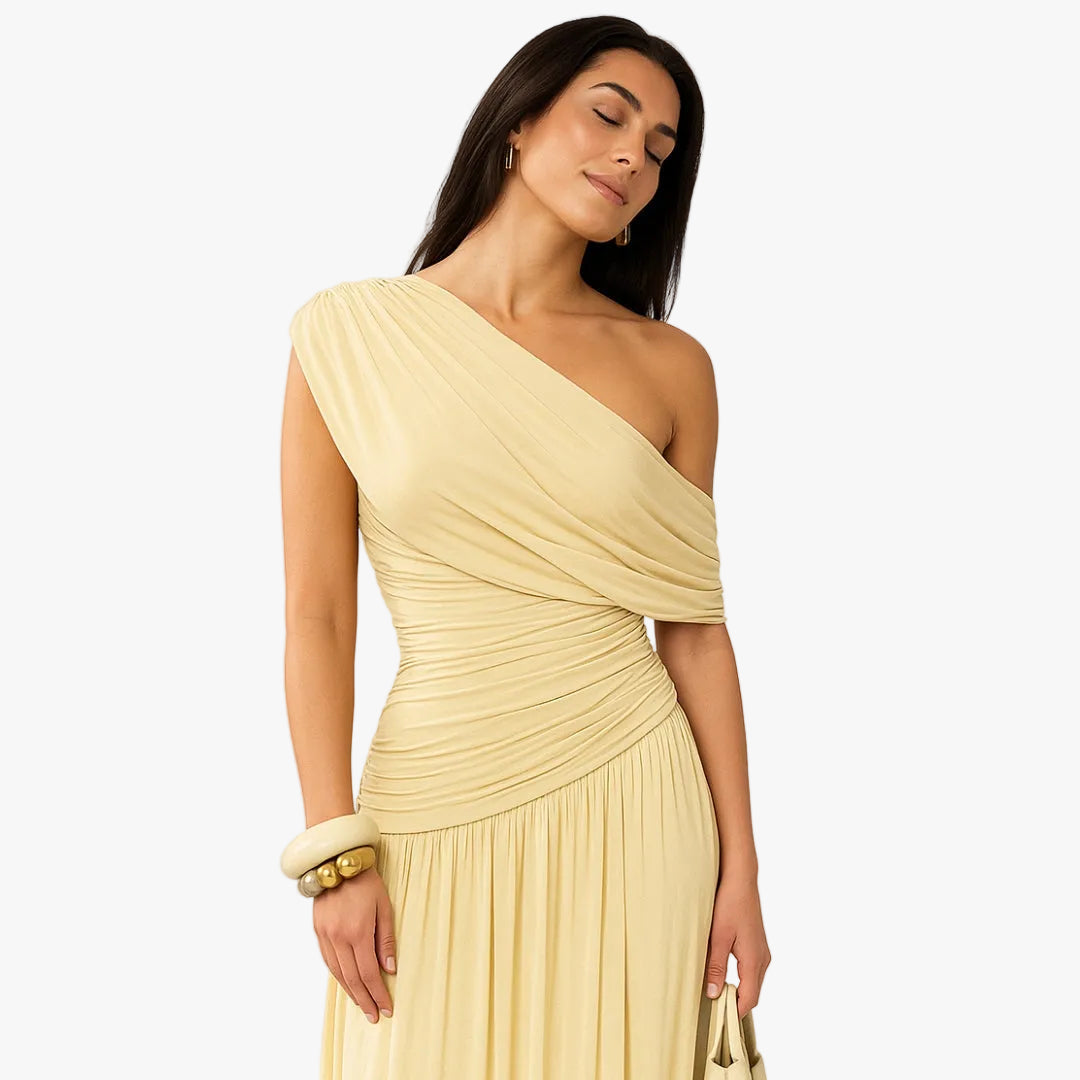 One-Shoulder Ruched Knit Maxi Dress with Pleated Drape