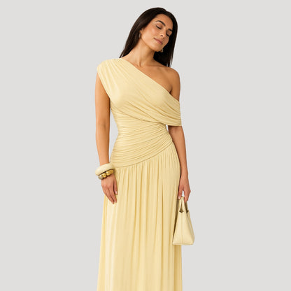 One-Shoulder Ruched Knit Maxi Dress with Pleated Drape – view 2
