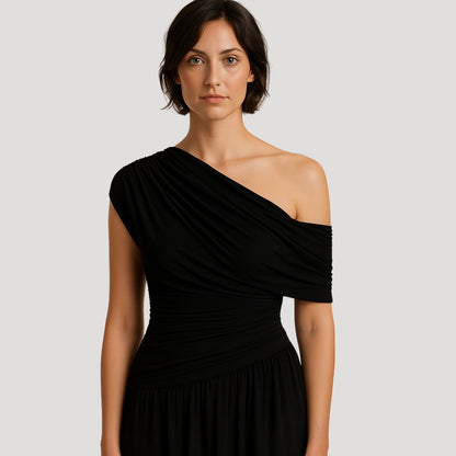 Black One-Shoulder Ruched Knit Maxi Dress with Pleated Drape