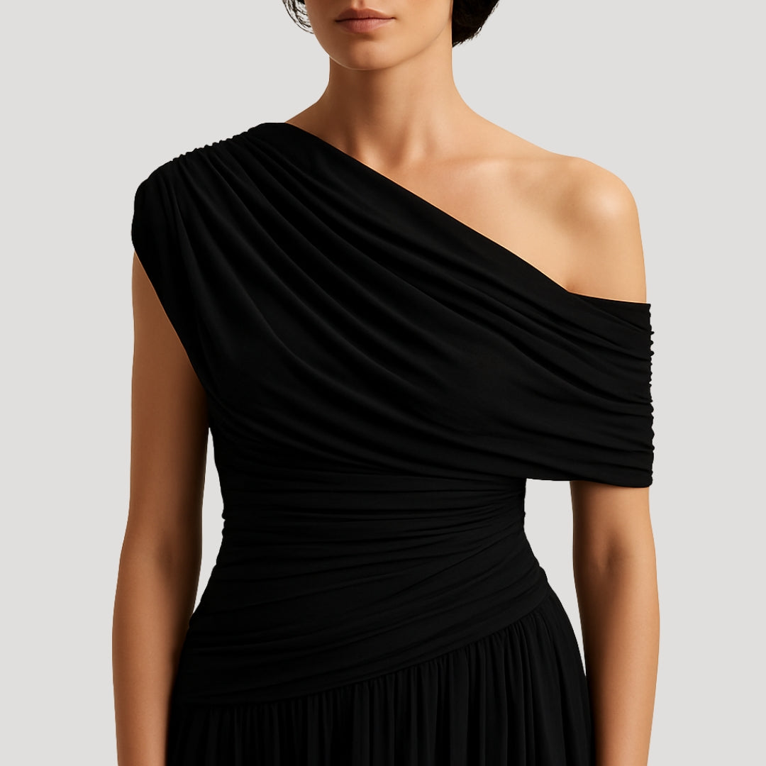 One-Shoulder Ruched Knit Maxi Dress with Pleated Drape – view 3