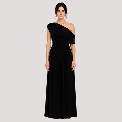 One-Shoulder Ruched Knit Maxi Dress with Pleated Drape – view 4