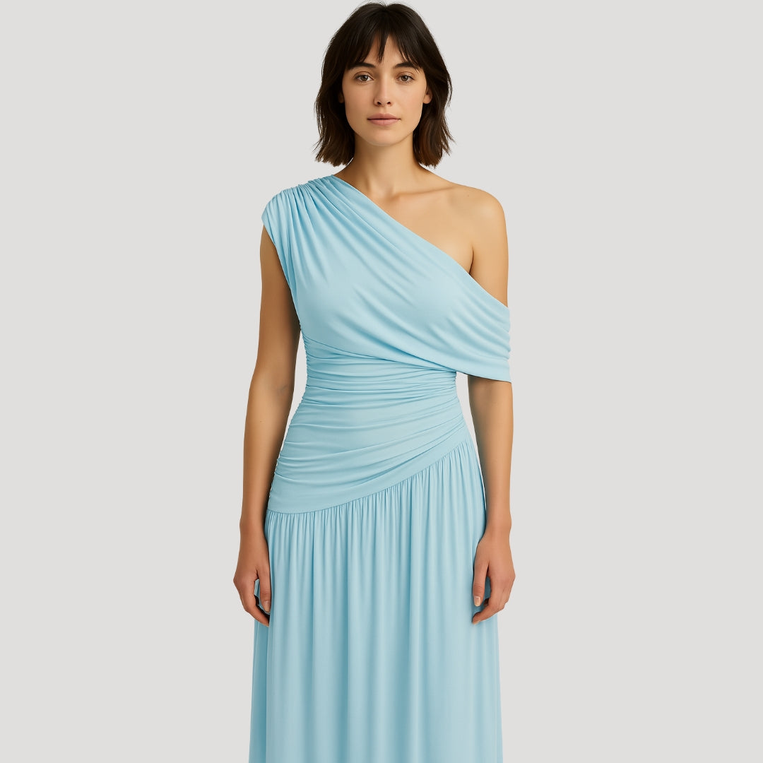 One-Shoulder Ruched Knit Maxi Dress with Pleated Drape – view 5
