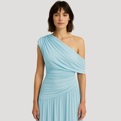 Light Blue One-Shoulder Ruched Knit Maxi Dress with Pleated Drape