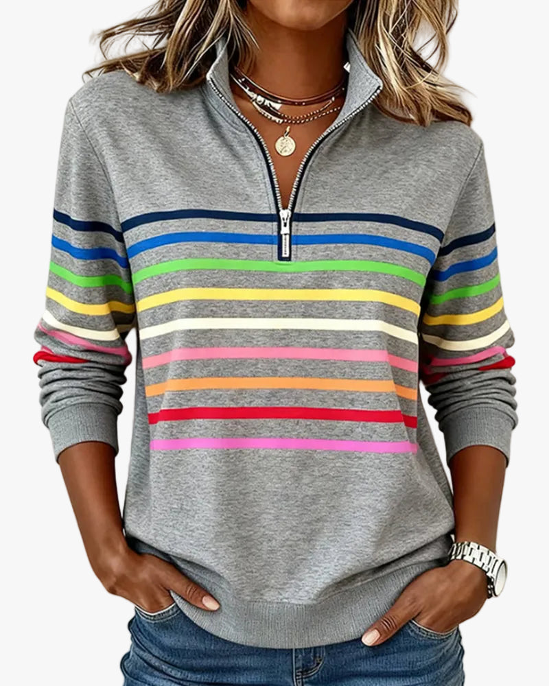 Women's gray quarter-zip knit pullover with striped bands