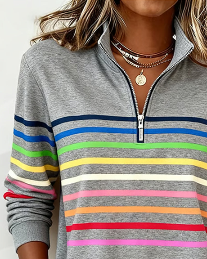 Women's gray quarter-zip knit pullover with striped bands