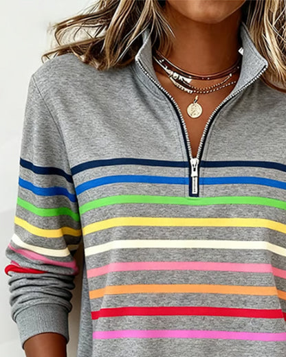 Women's gray quarter-zip knit pullover with striped bands