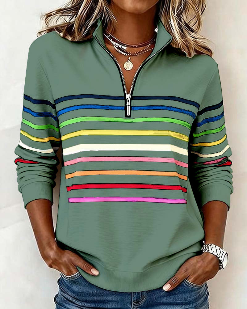Women's navy quarter-zip knit pullover with striped bands