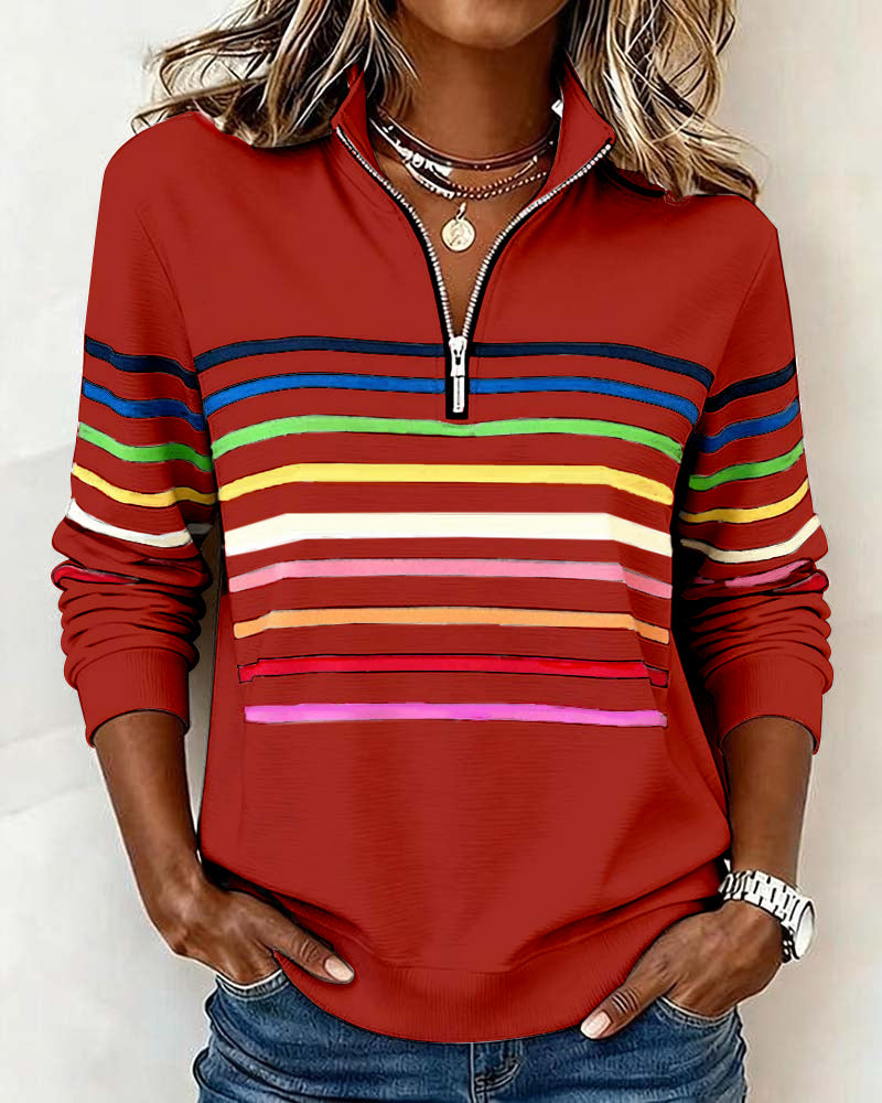 Women's navy quarter-zip knit pullover with striped bands
