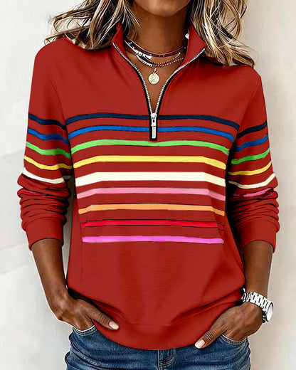 Women's navy quarter-zip knit pullover with striped bands