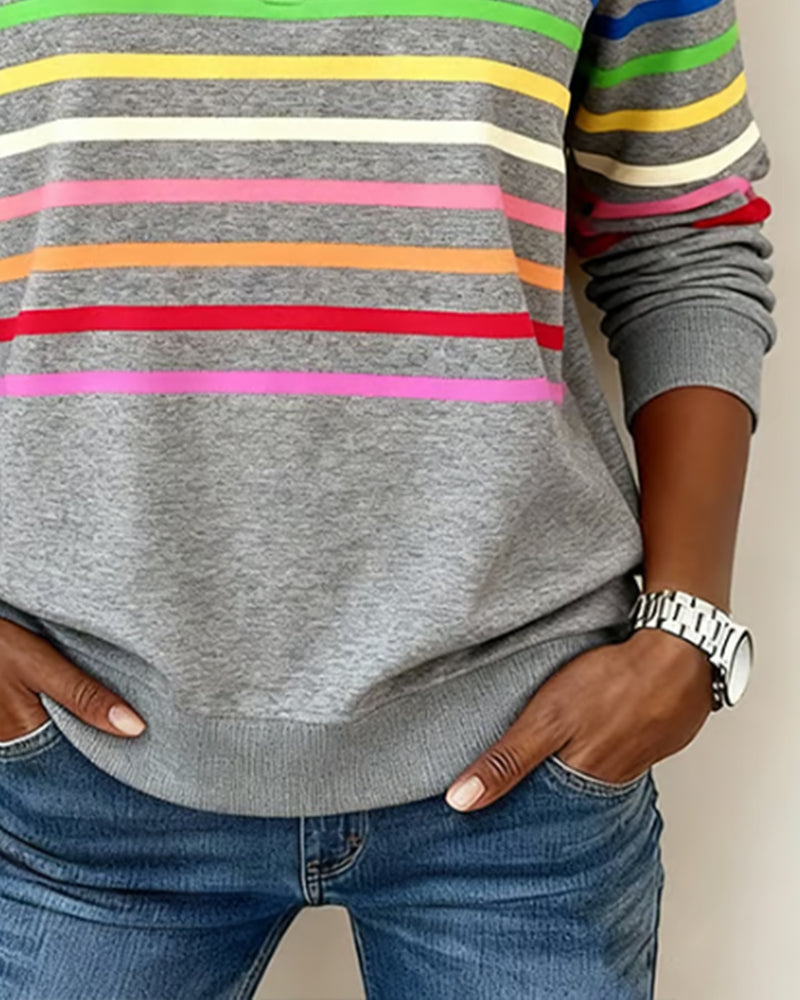 Women's gray quarter-zip knit pullover with striped bands