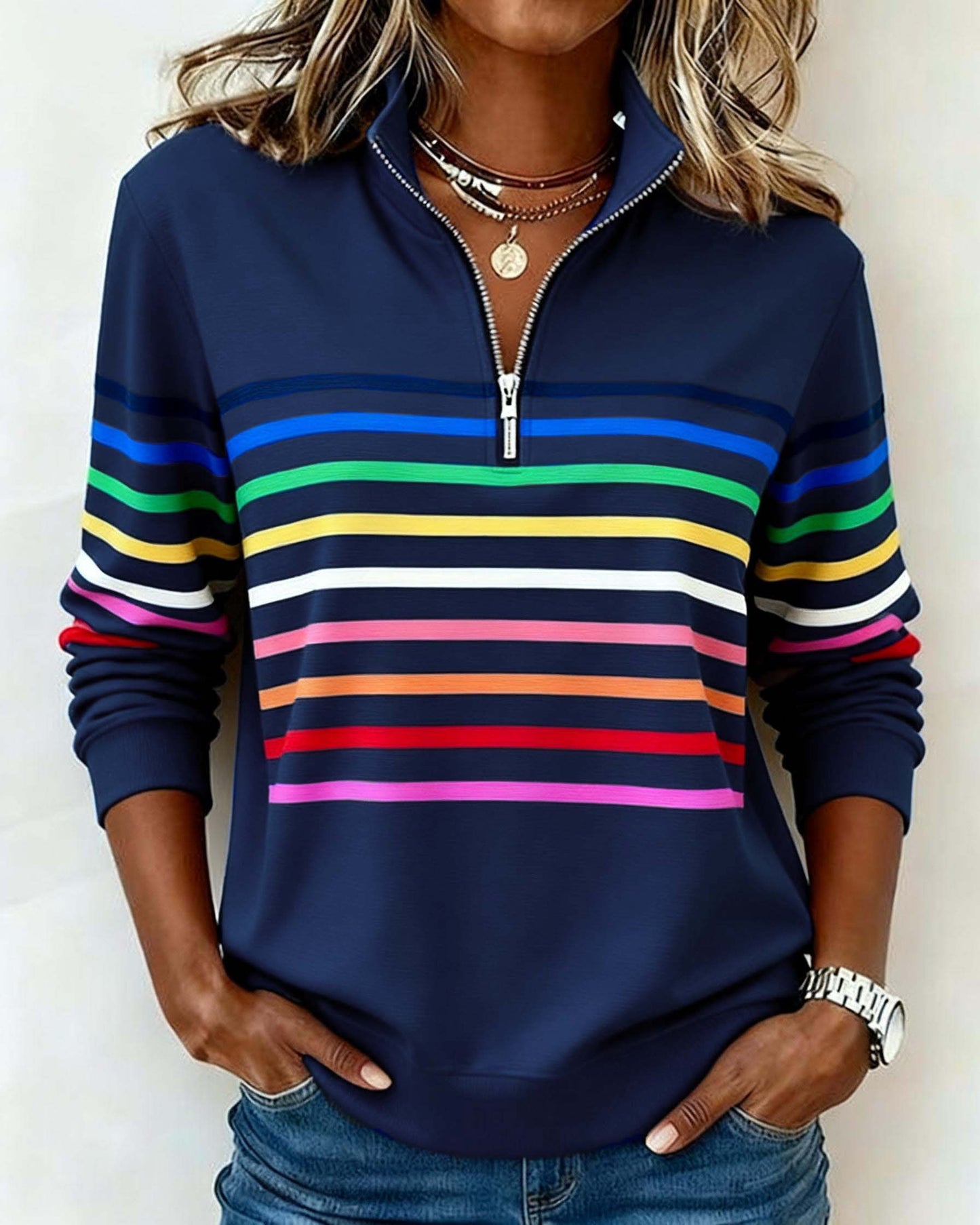 Women's gray quarter-zip knit pullover with striped bands