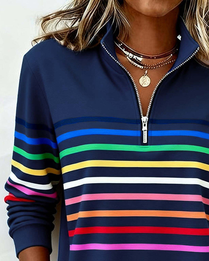 Women's gray quarter-zip knit pullover with striped bands