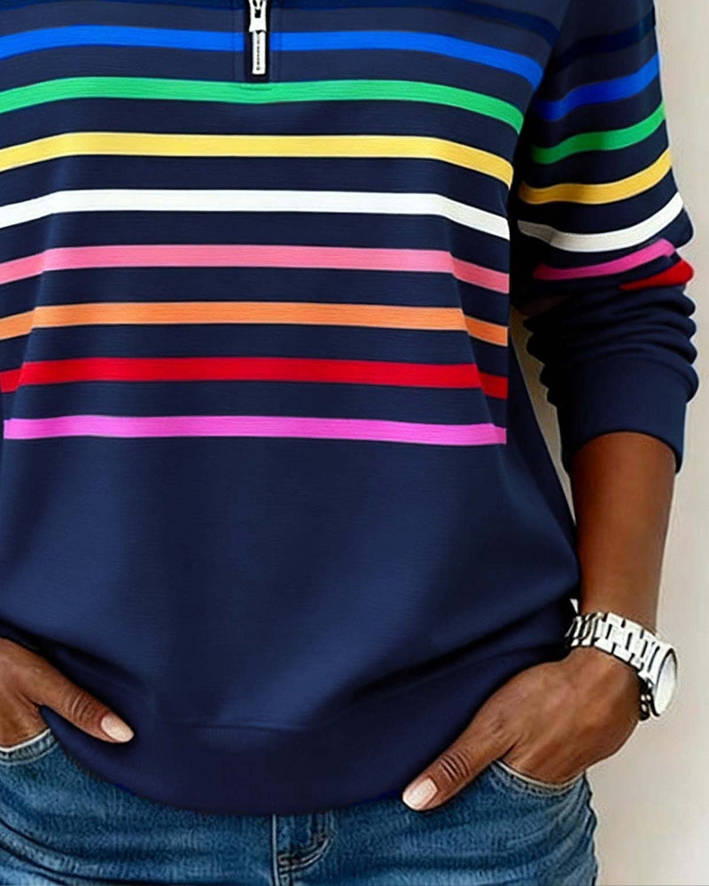 Women's gray quarter-zip knit pullover with striped bands