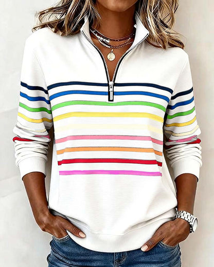 Women's navy quarter-zip knit pullover with striped bands