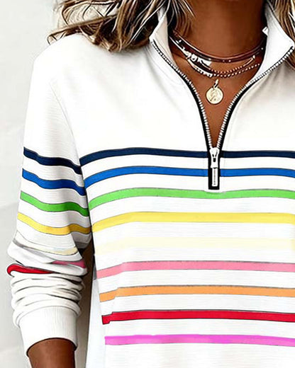 Women's navy quarter-zip knit pullover with striped bands