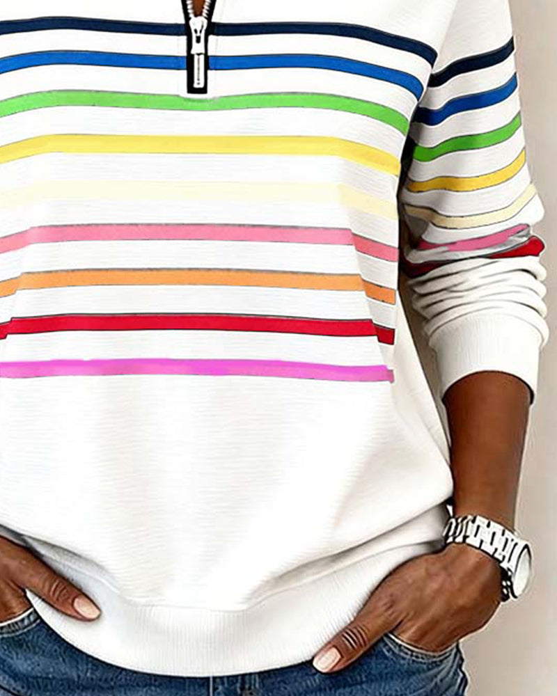 Women's navy quarter-zip knit pullover with striped bands