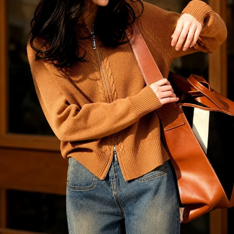 Women's caramel hooded cable knit zip-up sweater
