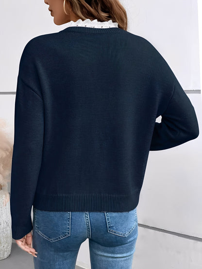 Women's blue ruffle V-neck knit sweater with long sleeves