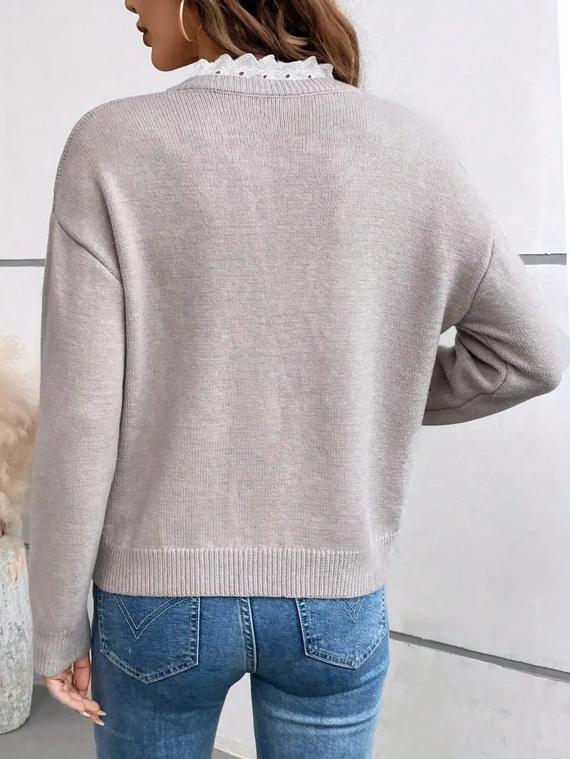 Women's blue ruffle V-neck knit sweater with long sleeves