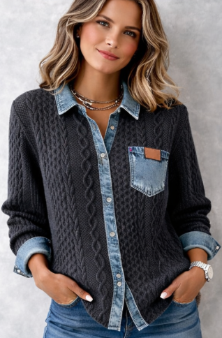 Women's blue cable knit top with denim-style collar