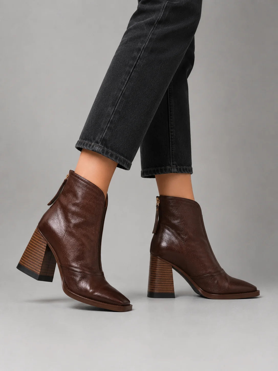 Women's brown leather-look boots, front view