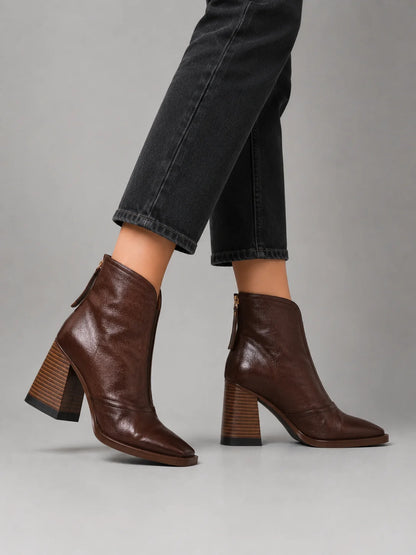 Women's brown leather-look boots, front view