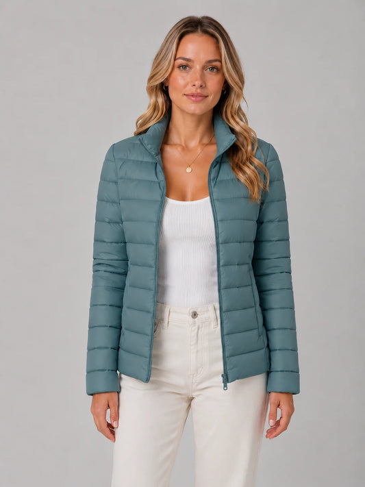 Women's blue slim-fit puffer jacket with stand collar