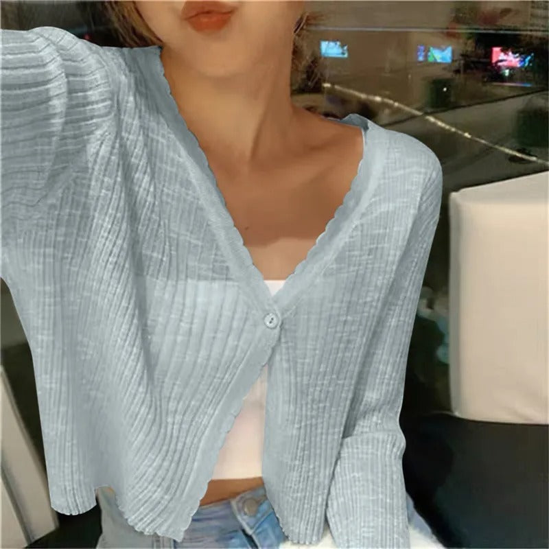 Women's ribbed knit button-up cardigan in blue