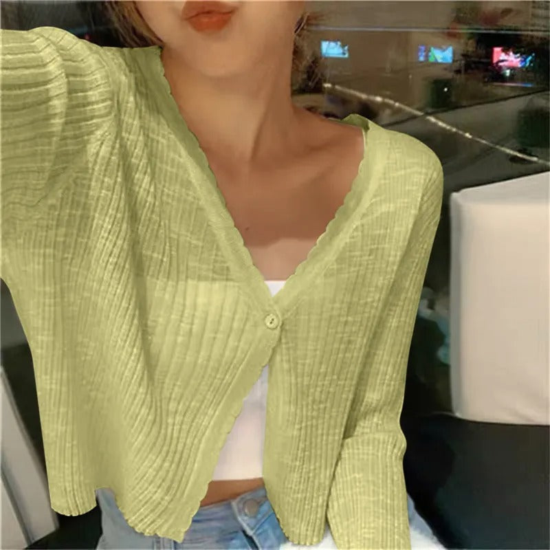 Women's ribbed knit button-up cardigan in green