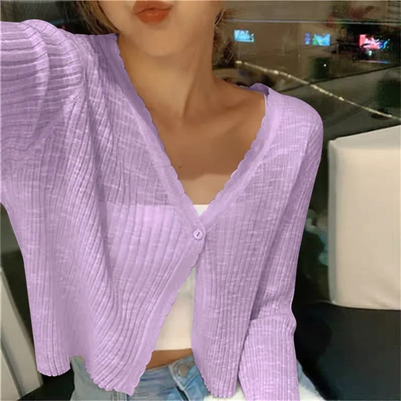 Women's ribbed knit button-up cardigan in purple
