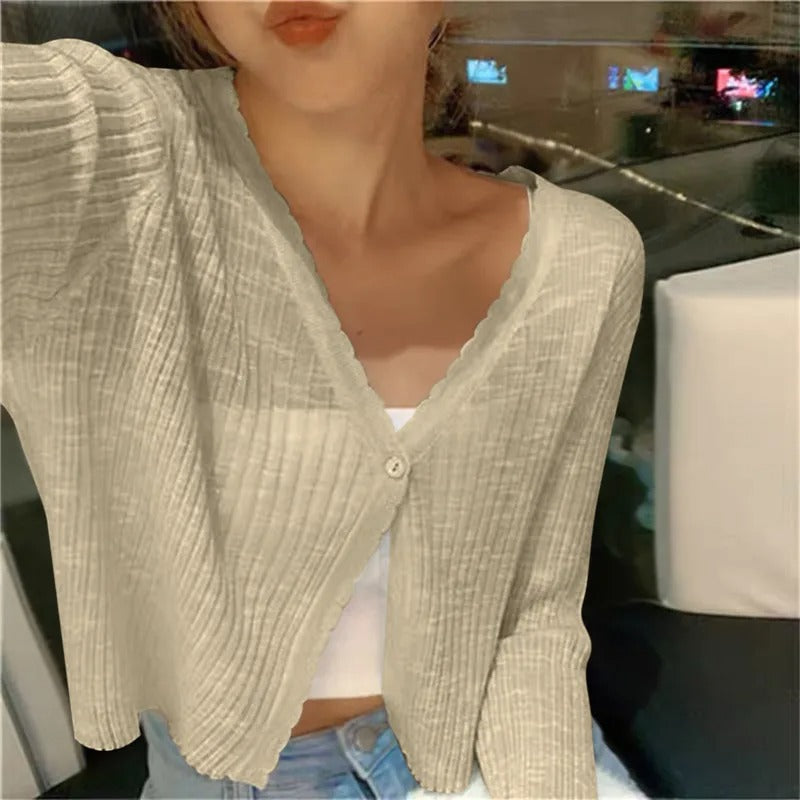 Women's ribbed knit button-up cardigan in beige