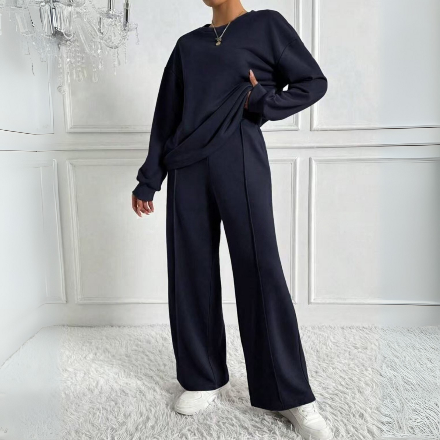 Women's light gray sweatshirt and high-waist pants matching set