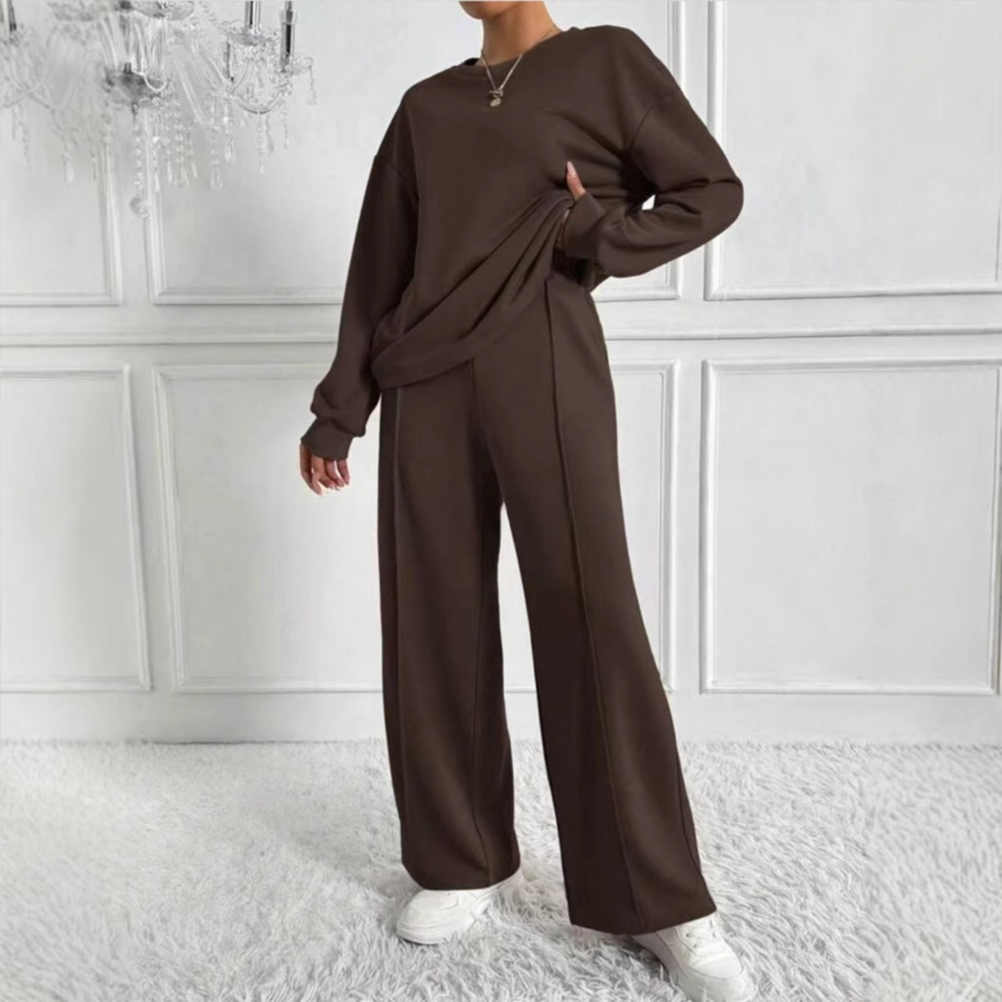 Women's light gray sweatshirt and high-waist pants matching set