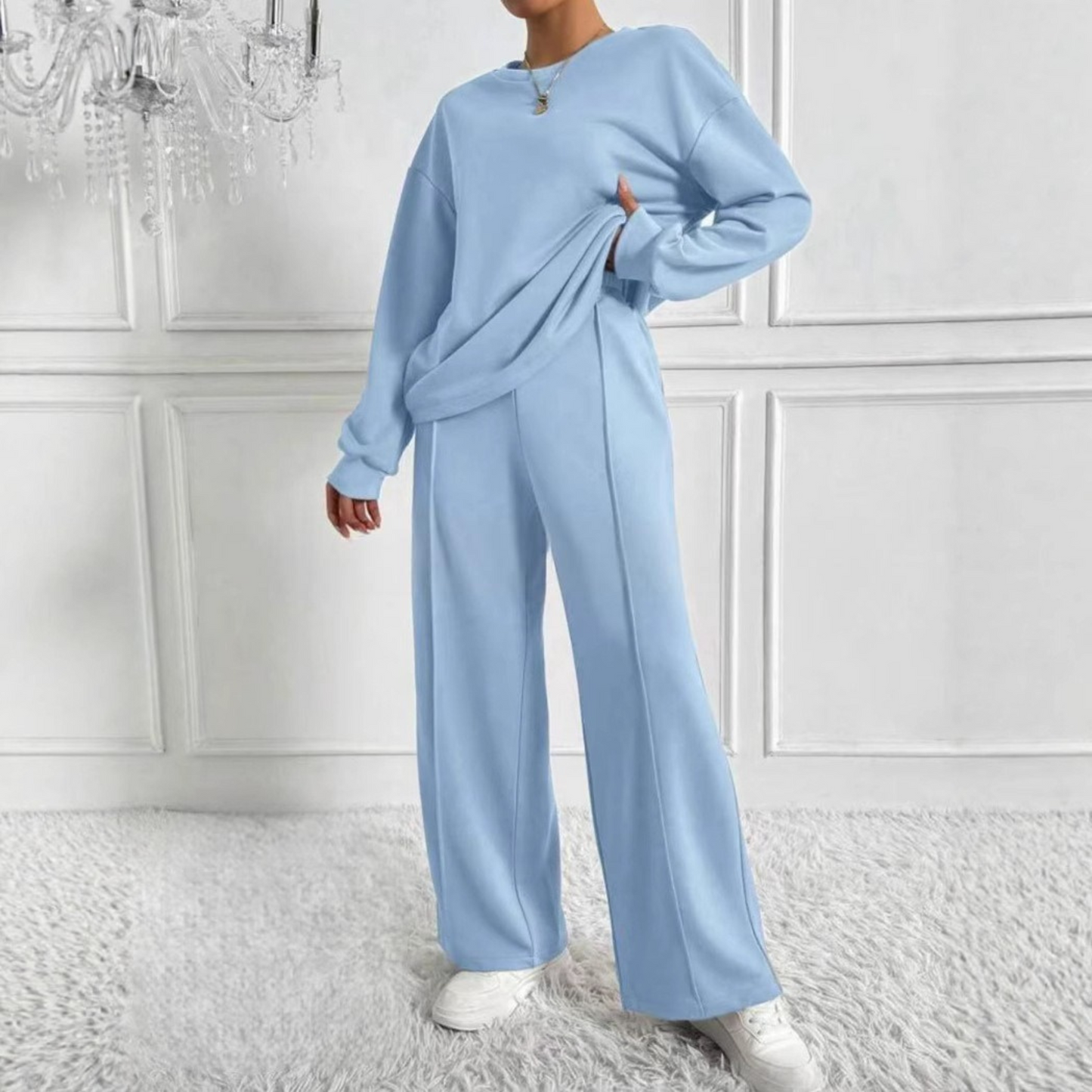 Women's sky blue sweatshirt and high-waist pants matching set