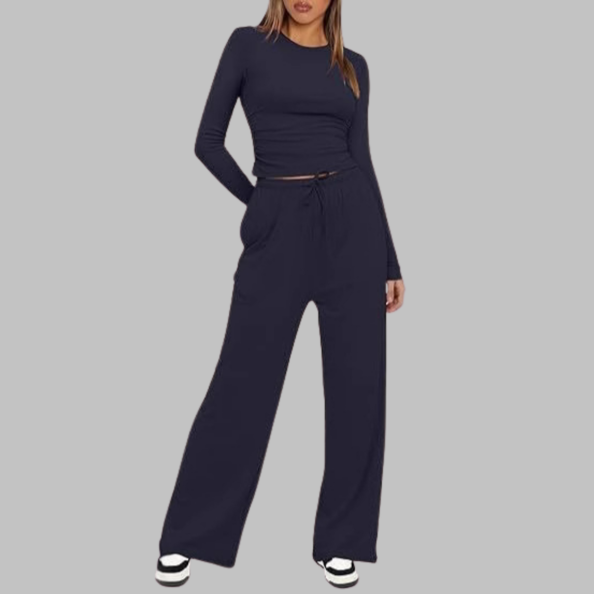Women's blue long sleeve top and wide leg pants two-piece set