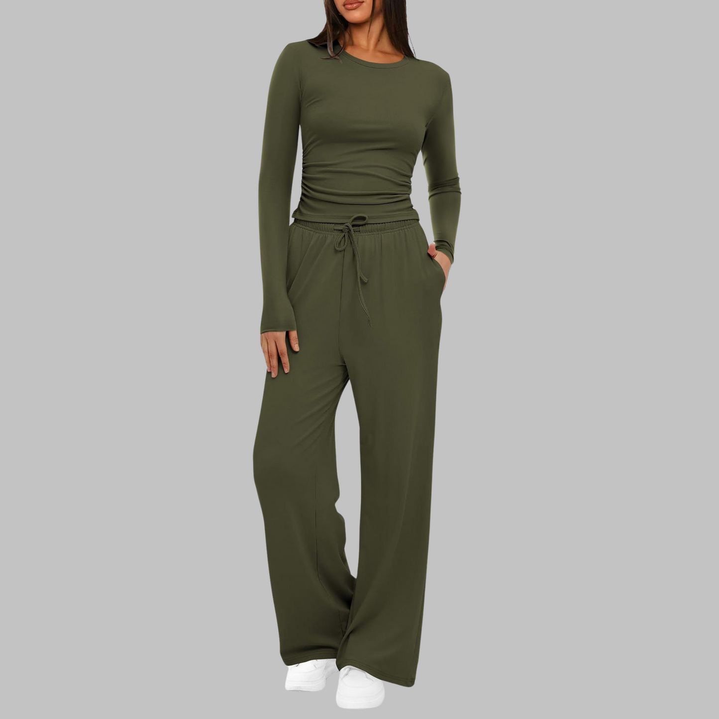 Women's blue long sleeve top and wide leg pants two-piece set
