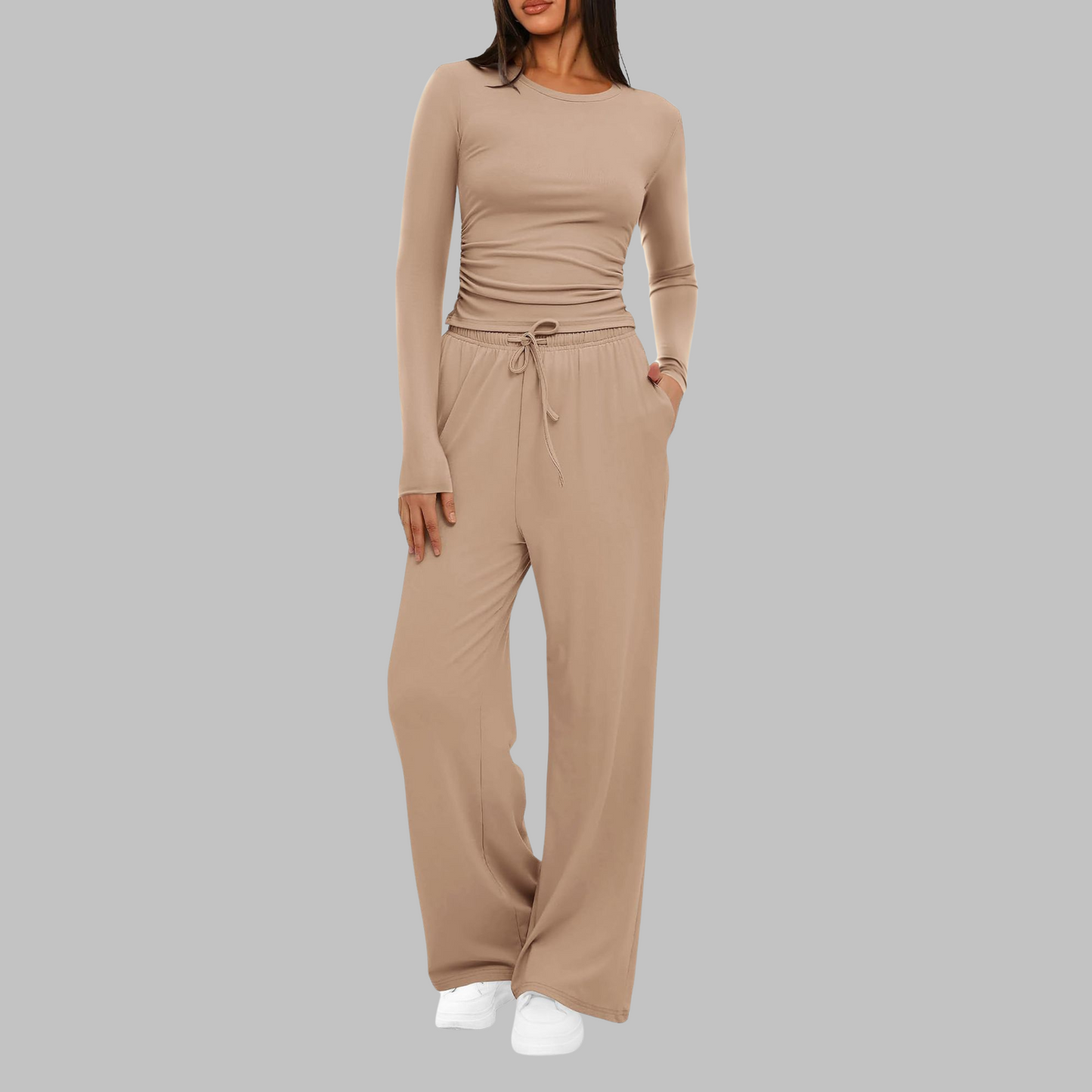 Women's blue long sleeve top and wide leg pants two-piece set