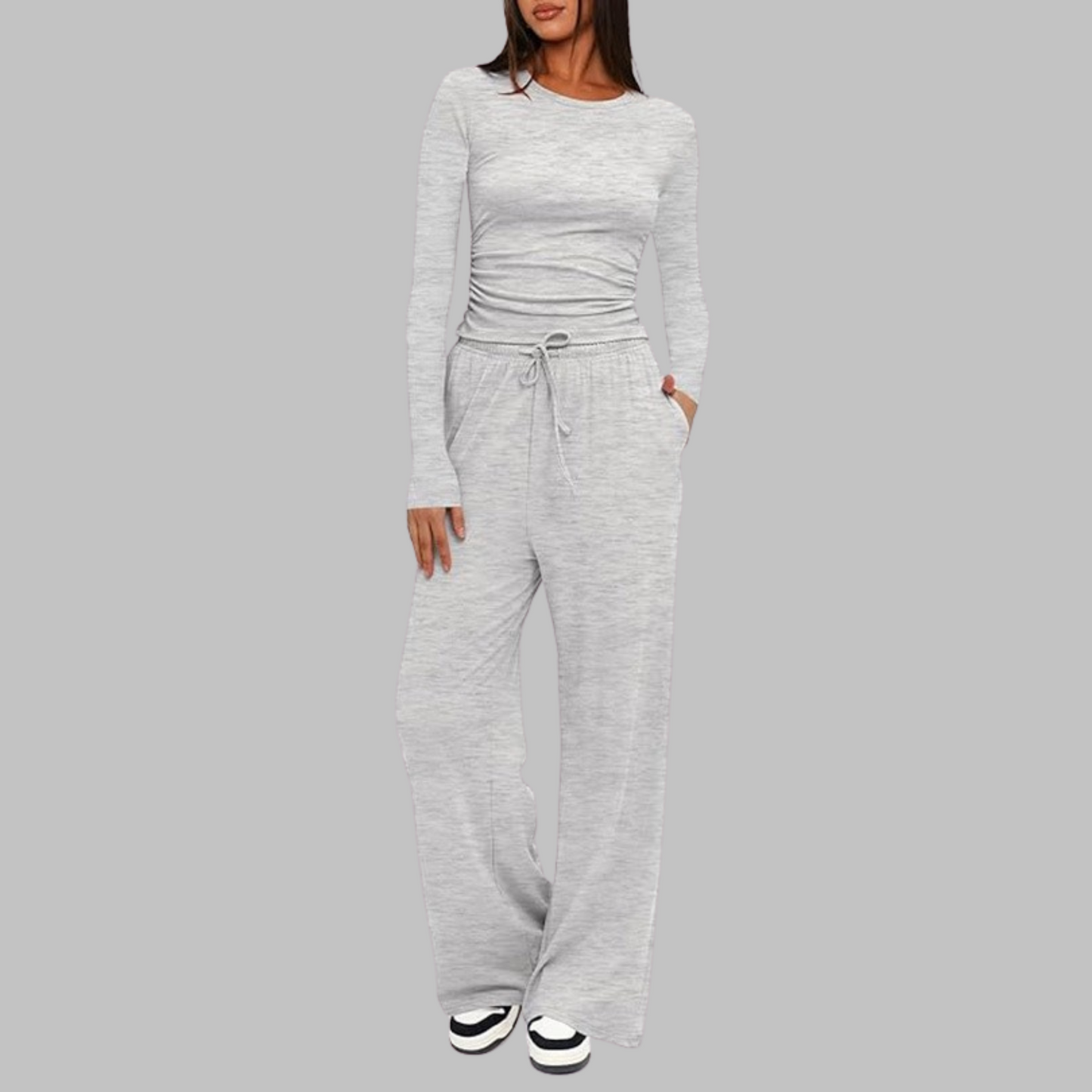 Women's blue long sleeve top and wide leg pants two-piece set