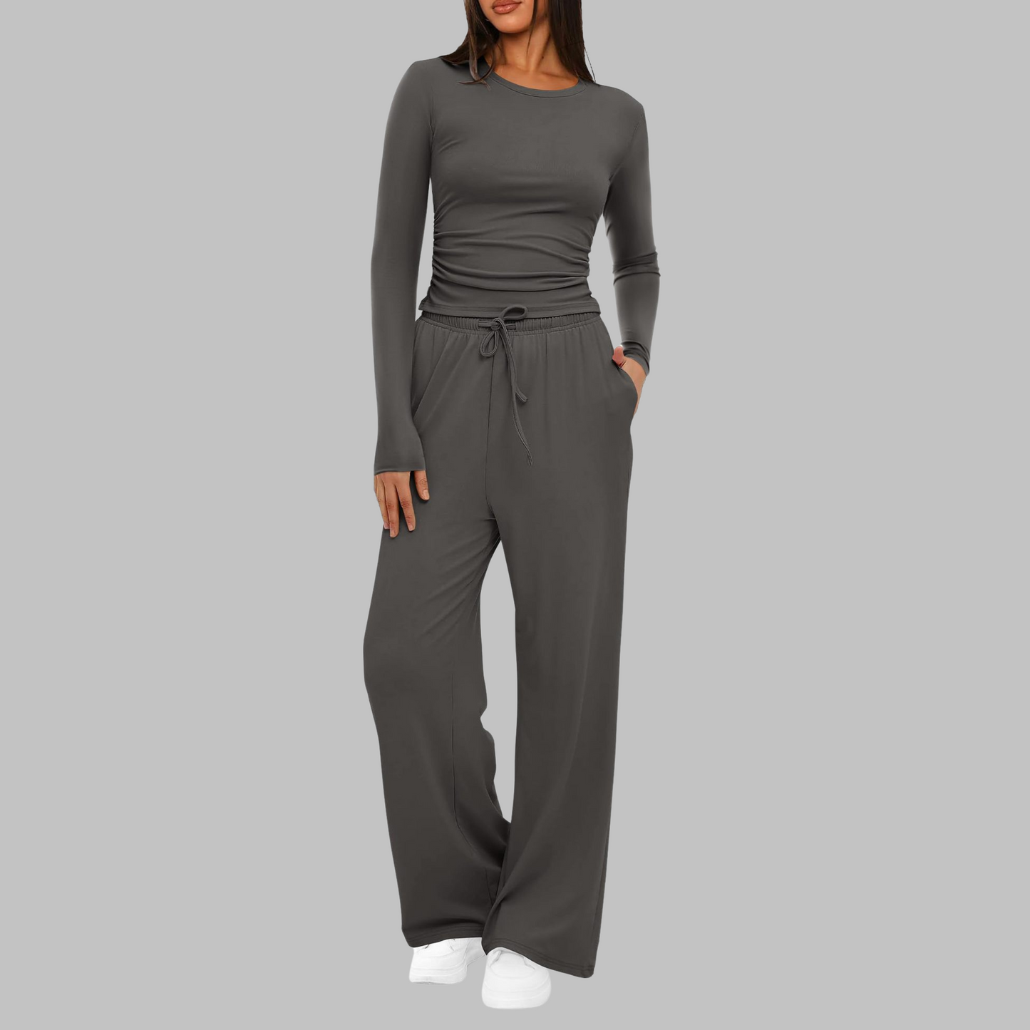 Women's blue long sleeve top and wide leg pants two-piece set