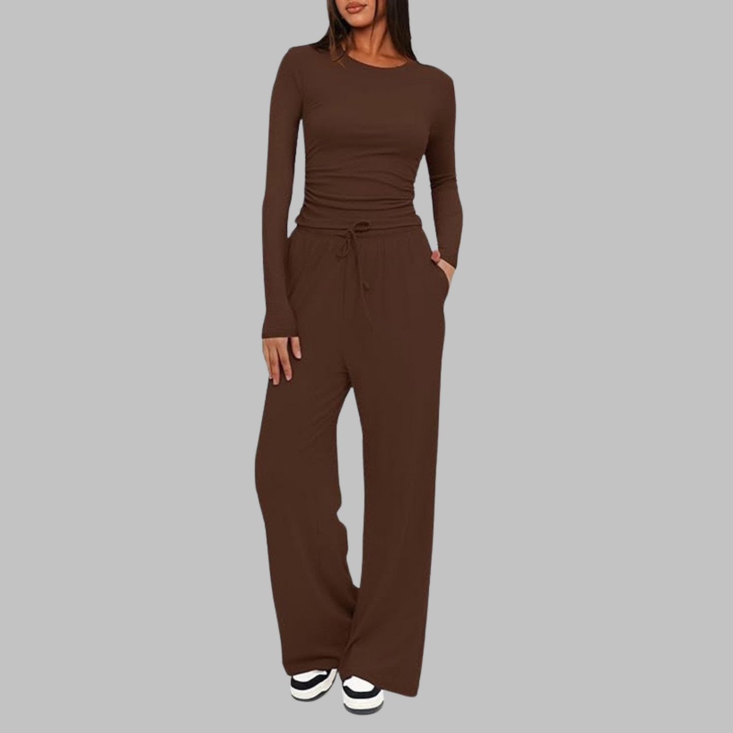 Women's pink long sleeve top and wide leg pants two-piece set